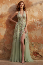 Dusty Sage Halter Sequins A Line Embroidered Tulle Long Prom Dress with Slit