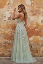 Dusty Sage Halter Sequins A Line Embroidered Tulle Long Prom Dress with Slit