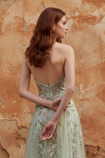 Dusty Sage Halter Sequins A Line Embroidered Tulle Long Prom Dress with Slit