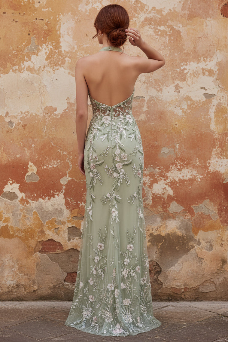 Halter Dusty Sage Sheer Corset Sheath Embroidered Long Prom Dress with Slit