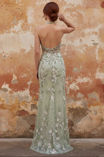 Halter Dusty Sage Sheer Corset Sheath Embroidered Long Prom Dress with Slit