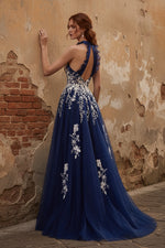 Navy Halter Embroidered Tulle A Line Long Prom Dress with Slit