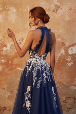 Navy Halter Embroidered Tulle A Line Long Prom Dress with Slit