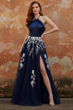 Halter Navy A Line Open Back Floral Long Prom Dress with Slit