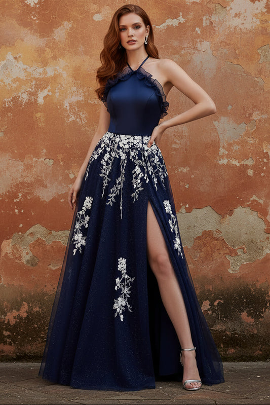 Halter Navy A Line Open Back Floral Long Prom Dress with Slit