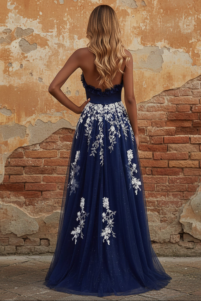 Halter Navy A Line Open Back Floral Long Prom Dress with Slit