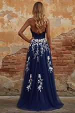 Halter Navy A Line Open Back Floral Long Prom Dress with Slit