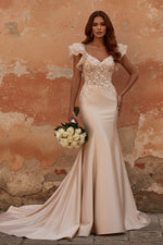 Blush Mermaid Corset Satin V-Neck Long Prom Dress with 3D Flowers