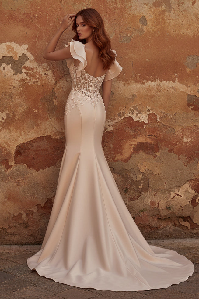 Blush Mermaid Corset Satin V-Neck Long Prom Dress with 3D Flowers