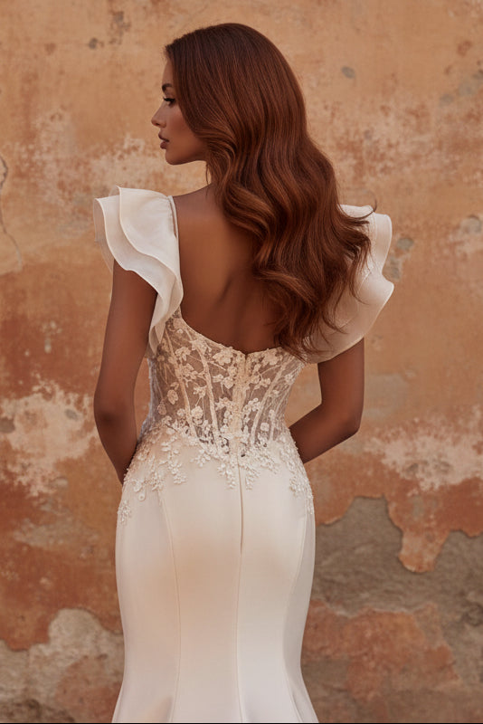 Blush Mermaid Corset Satin V-Neck Long Prom Dress with 3D Flowers