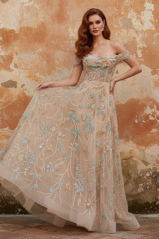 Off the Shoulder Champagne A-Line Corset Appliqued Long Prom Dress