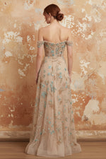 Off the Shoulder Champagne A-Line Corset Appliqued Long Prom Dress