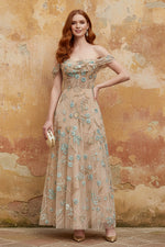 Off the Shoulder Champagne A-Line Corset Appliqued Long Prom Dress