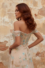 Off the Shoulder Champagne A-Line Corset Appliqued Long Prom Dress