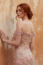 Off the Shoulder Pink Mermaid Floral Long Prom Dress with 3D Flowers