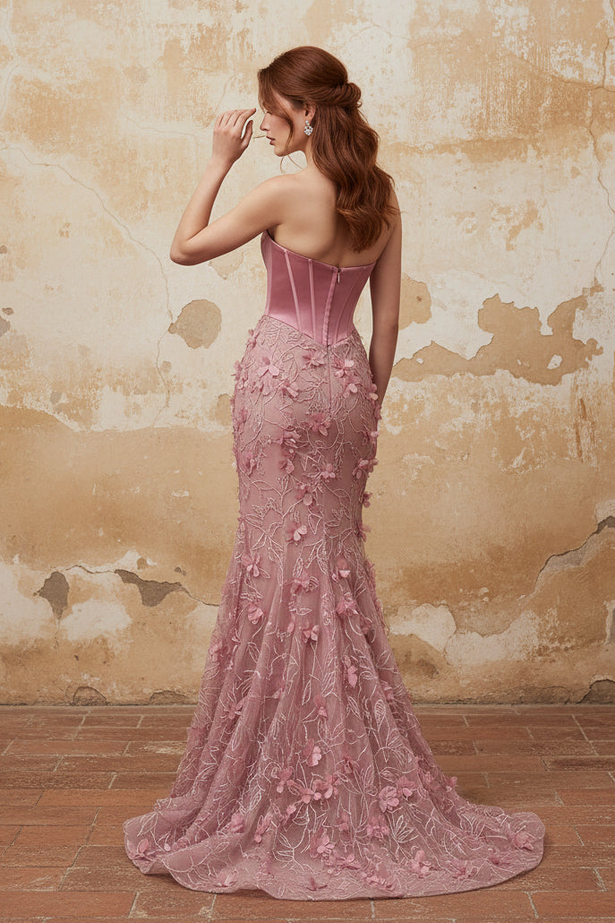 Mermaid Pink Strapless Corset Ruched Basque Waist Long Prom Dress with 3D Flowers