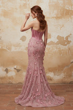 Mermaid Pink Strapless Corset Ruched Basque Waist Long Prom Dress with 3D Flowers