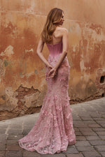 Mermaid Pink Strapless Corset Ruched Basque Waist Long Prom Dress with 3D Flowers