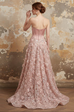 Blush A-Line Strapless Corset Sequins Appliqued Long Prom Dress with 3D Flowers