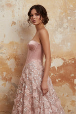 Blush A-Line Strapless Corset Sequins Appliqued Long Prom Dress with 3D Flowers