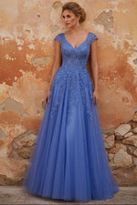 Dark Blue A-Line V-Neck Corset Long Prom Dress with Appliques