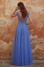 Dark Blue A-Line V-Neck Corset Long Prom Dress with Appliques