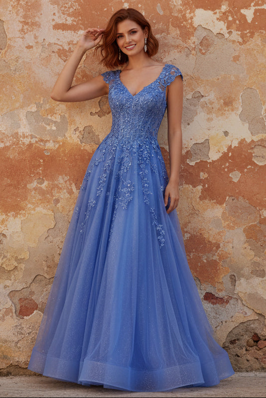 Dark Blue A-Line V-Neck Corset Long Prom Dress with Appliques