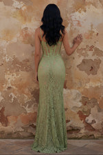 Lace Sage Green Mermaid Corset Long Prom Dress with Slit