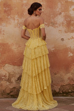A-Line Yellow Lace Off the Shoulder Corset Tiered Long Prom Dress with Slit