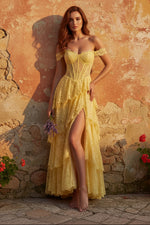 A-Line Yellow Lace Off the Shoulder Corset Tiered Long Prom Dress with Slit