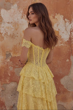 A-Line Yellow Lace Off the Shoulder Corset Tiered Long Prom Dress with Slit