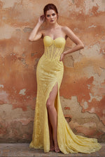 Lace Mermaid Yellow Sweetheart Corset Long Prom Dress with Slit