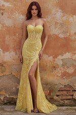 Lace Mermaid Yellow Sweetheart Corset Long Prom Dress with Slit