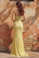 Lace Mermaid Yellow Sweetheart Corset Long Prom Dress with Slit