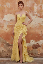 Yellow Lace Mermaid Strapless Ruched Corset Ruffled Long Prom Dress with Slit
