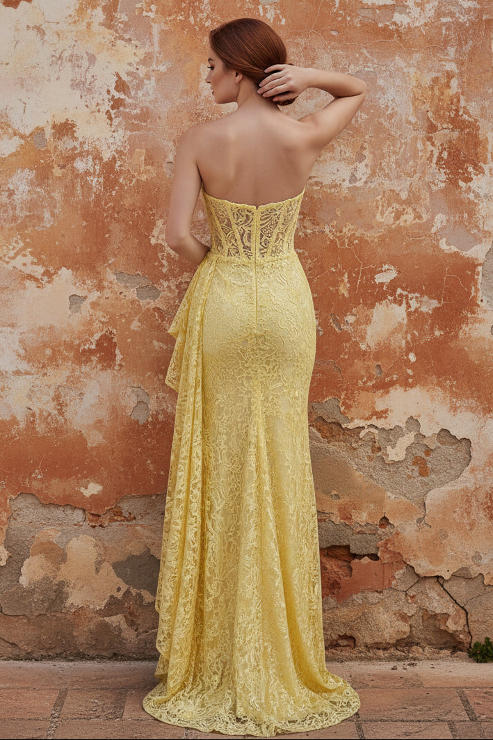 Yellow Lace Mermaid Strapless Ruched Corset Ruffled Long Prom Dress with Slit