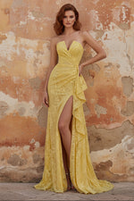 Yellow Lace Mermaid Strapless Ruched Corset Ruffled Long Prom Dress with Slit