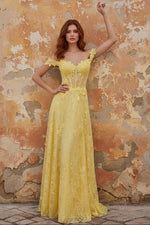 Off the Shoulder Yellow Lace A-Line Corset Appliqued Long Prom Dress