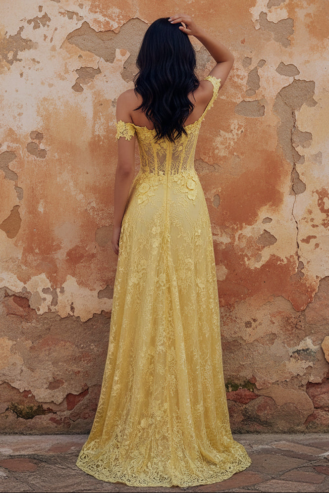 Off the Shoulder Yellow Lace A-Line Corset Appliqued Long Prom Dress