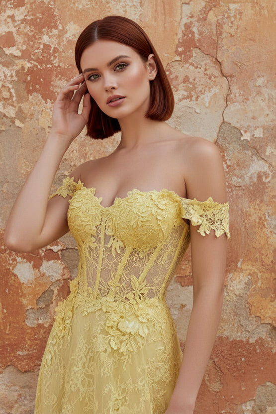 Off the Shoulder Yellow Lace A-Line Corset Appliqued Long Prom Dress