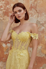 Off the Shoulder Yellow Lace A-Line Corset Appliqued Long Prom Dress