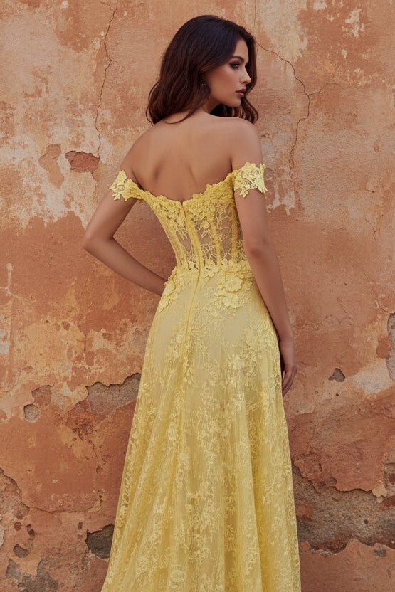 Off the Shoulder Yellow Lace A-Line Corset Appliqued Long Prom Dress