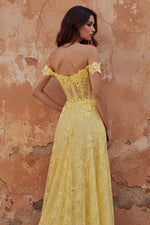 Off the Shoulder Yellow Lace A-Line Corset Appliqued Long Prom Dress