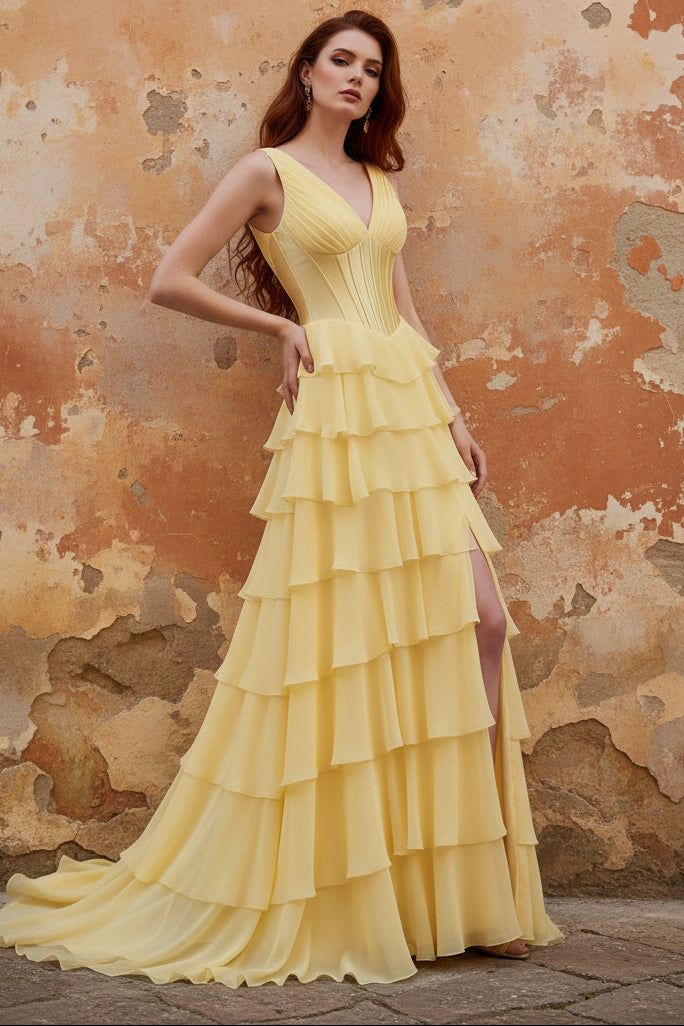 Butter Yellow Chiffon A-Line V-Neck Corset Tiered Ruched Maxi Dress with Slit