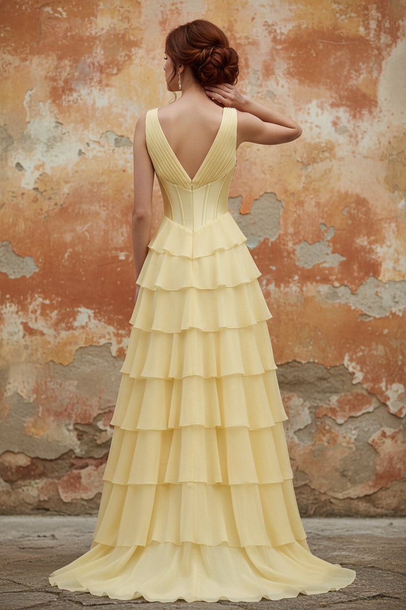 Butter Yellow Chiffon A-Line V-Neck Corset Tiered Ruched Maxi Dress with Slit