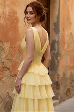 Butter Yellow Chiffon A-Line V-Neck Corset Tiered Ruched Maxi Dress with Slit