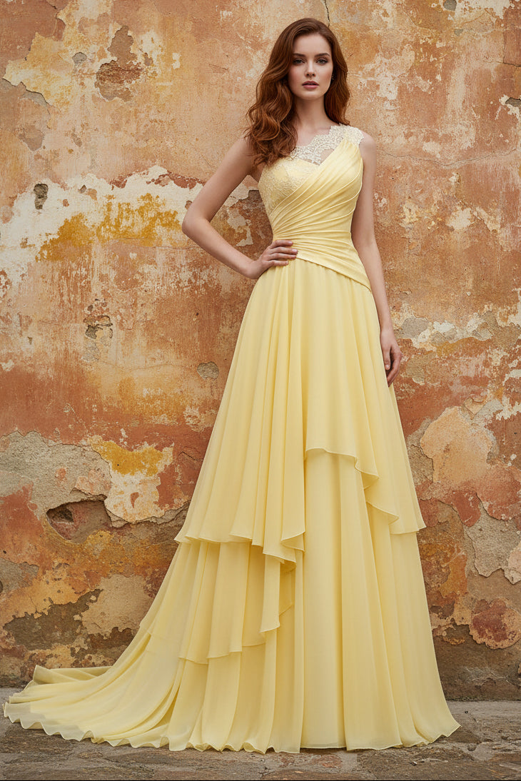Chiffon Butter Yellow A-Line One Shoulder Ruched Maxi Dress