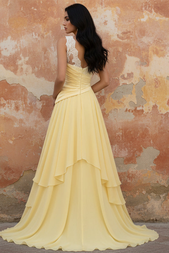 Chiffon Butter Yellow A-Line One Shoulder Ruched Maxi Dress