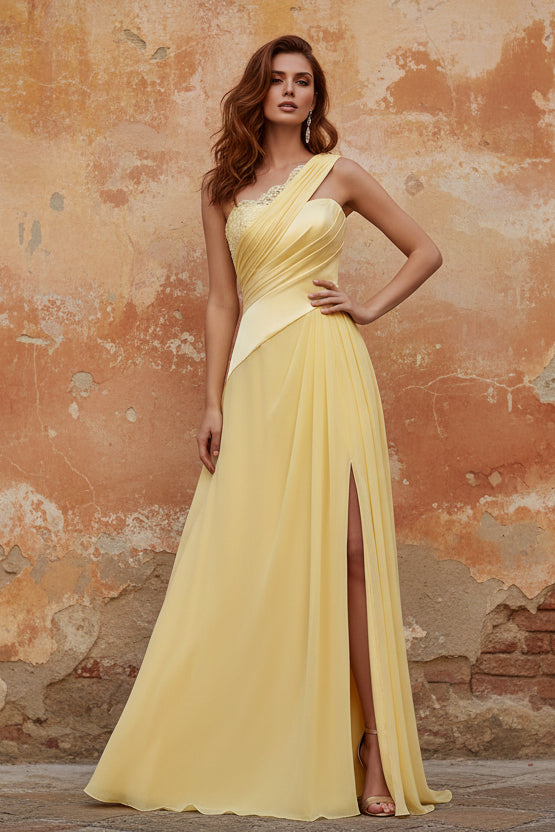 A-Line Chiffon Butter Yellow One Shoulder Ruched Maxi Dress with Slit