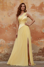 A-Line Chiffon Butter Yellow One Shoulder Ruched Maxi Dress with Slit